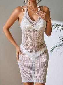 SHEIN Swim Vestido cover up con abertura de cuello halter de espalda abierta sin set bikini - Blanco - Ver 1
