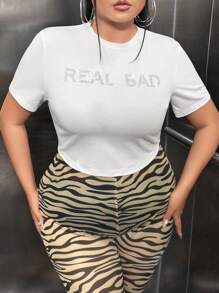 SHEIN SXY 大碼水鑽字母圖案T恤 - 白色 - 查看 3