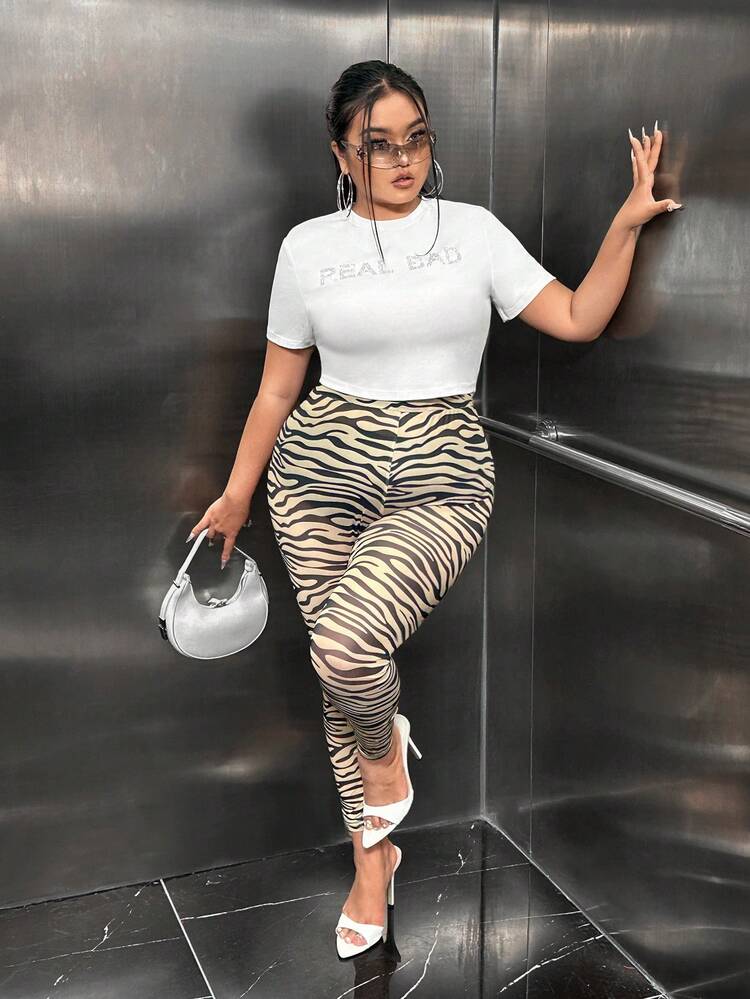 SHEIN SXY 大碼水鑽字母圖案T恤 - 白色 - 查看 5