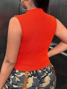 SHEIN SXY 性感金屬錬 挖空 繫帶純色大碼針織上衣 - 亮橙色 - 查看 2