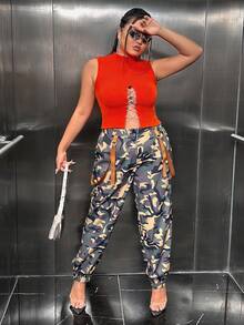 SHEIN SXY 性感金屬錬 挖空 繫帶純色大碼針織上衣 - 亮橙色 - 查看 4