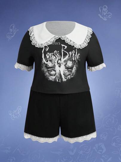 Corpse Bride | ROMWE Plus Figure Graphic Contrast Lace PJ Set