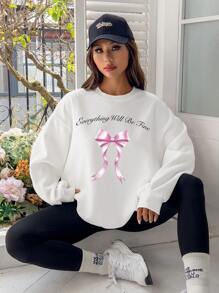 SHEIN EZwear 女士休闲宽松白色厚蝴蝶结和口号印花圆领长袖运动衫，适合秋冬季 - 白色 - 查看 6