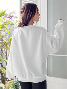 SHEIN EZwear 女士休闲宽松白色厚蝴蝶结和口号印花圆领长袖运动衫，适合秋冬季 - 白色 - 查看 5