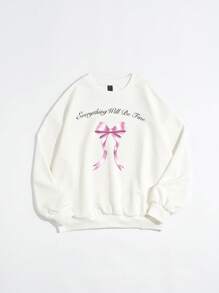 SHEIN EZwear 女士休闲宽松白色厚蝴蝶结和口号印花圆领长袖运动衫，适合秋冬季 - 白色 - 查看 1