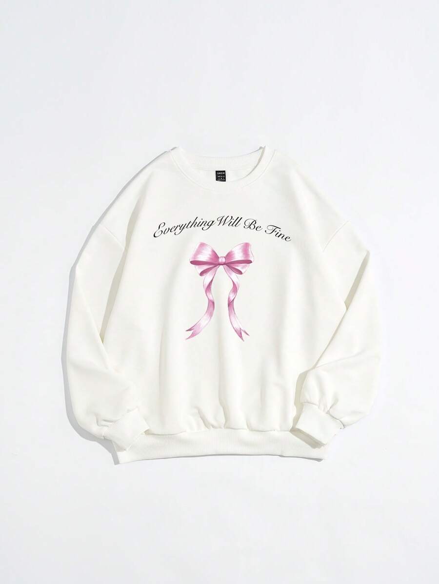 SHEIN EZwear 女士休闲宽松白色厚蝴蝶结和口号印花圆领长袖运动衫，适合秋冬季 - 白色 - 查看 1