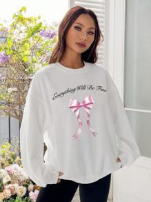 SHEIN EZwear 女士休闲宽松白色厚蝴蝶结和口号印花圆领长袖运动衫，适合秋冬季 - 白色 - 查看 7