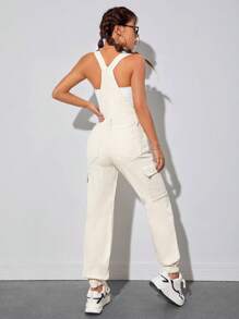 SHEIN PETITE Flap Pocket Denim Dungarees Without Top - Beige - View 2