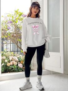 SHEIN EZwear 女士休闲宽松白色厚蝴蝶结和口号印花圆领长袖运动衫，适合秋冬季 - 白色 - 查看 8