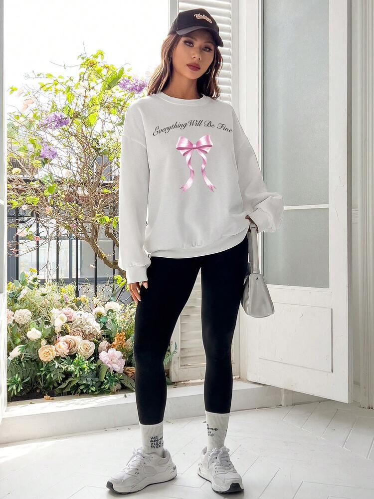 SHEIN EZwear 女士休闲宽松白色厚蝴蝶结和口号印花圆领长袖运动衫，适合秋冬季 - 白色 - 查看 8