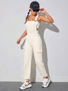 SHEIN PETITE Flap Pocket Denim Dungarees Without Top - Beige - View 3