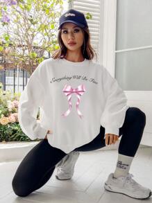 SHEIN EZwear 女士休闲宽松白色厚蝴蝶结和口号印花圆领长袖运动衫，适合秋冬季 - 白色 - 查看 10