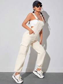 SHEIN PETITE Flap Pocket Denim Dungarees Without Top - Beige - View 4