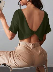 Muchica 扭結露背落肩T恤 - 軍綠色 - 查看 1