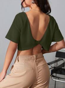 Muchica 扭結露背落肩T恤 - 軍綠色 - 查看 2