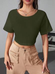 Muchica 扭結露背落肩T恤 - 軍綠色 - 查看 5