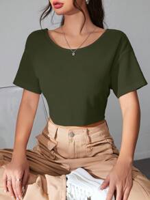 Muchica 扭結露背落肩T恤 - 軍綠色 - 查看 6