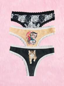 ROMWE Kawaii 3pack Cartoon Graphic Contrast Lace Panty Set - Multicolor - View 1