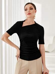 Modelyn Solid Ruched Asymmetrical Neck Tee - Black - View 3