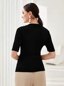 Modelyn Solid Ruched Asymmetrical Neck Tee - Black - View 2