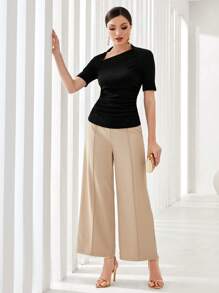 Modelyn Solid Ruched Asymmetrical Neck Tee - Black - View 5