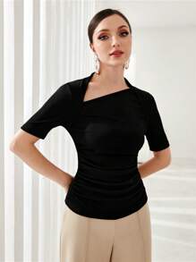 Modelyn Solid Ruched Asymmetrical Neck Tee - Black - View 6