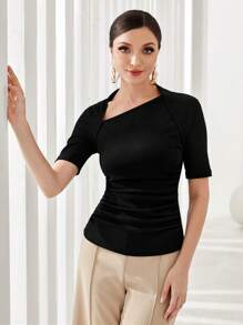 Modelyn Solid Ruched Asymmetrical Neck Tee - Black - View 1