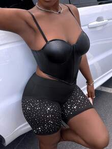 SHEIN Slayr Rhinestone Detail Wideband Waist Biker Shorts - Black - View 4