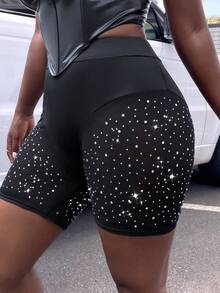 SHEIN Slayr Rhinestone Detail Wideband Waist Biker Shorts - Black - View 5