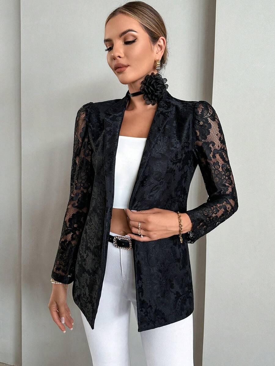 SHEIN Privé Solid Lapel Collar Lace Blazer - Black - View 1