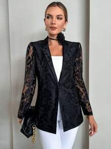 SHEIN Privé Solid Lapel Collar Lace Blazer - Black - View 3