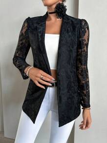 SHEIN Privé Solid Lapel Collar Lace Blazer - Black - View 4