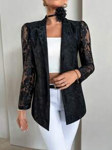 SHEIN Privé Solid Lapel Collar Lace Blazer - Black - View 5