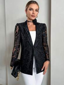 SHEIN Privé Solid Lapel Collar Lace Blazer - Black - View 6