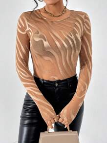 SHEIN Essnce 滿版印花網紗T恤 - 棕色 - 查看 4