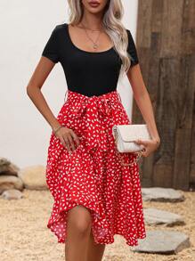 SHEIN LUNE 斑點印花繫腰帶連衣裙