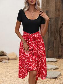 SHEIN LUNE 斑點印花繫腰帶連衣裙