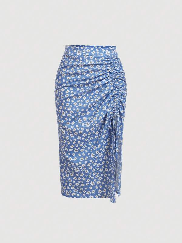 SHEIN MOD 碎花抽繩褶邊高衩半身裙