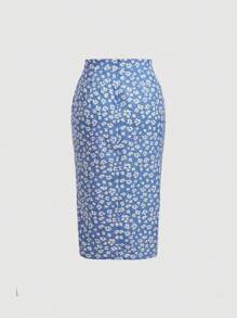 SHEIN MOD 碎花抽繩褶邊高衩半身裙 - 彩色 - 查看 2