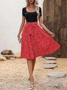 SHEIN LUNE 斑點印花繫腰帶連衣裙