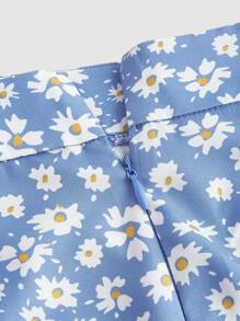 SHEIN MOD 碎花抽繩褶邊高衩半身裙 - 彩色 - 查看 3