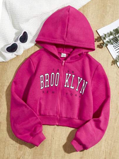 SHEIN Tween Girl Letter Graphic Zip Up Hooded Crop Thermal Lined Hoodie