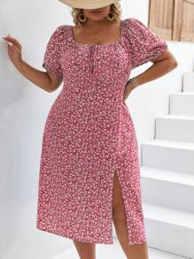 SHEIN Frenchy Plus Ditsy Floral Print Knot Front Split Thigh Dress - Red - View 1