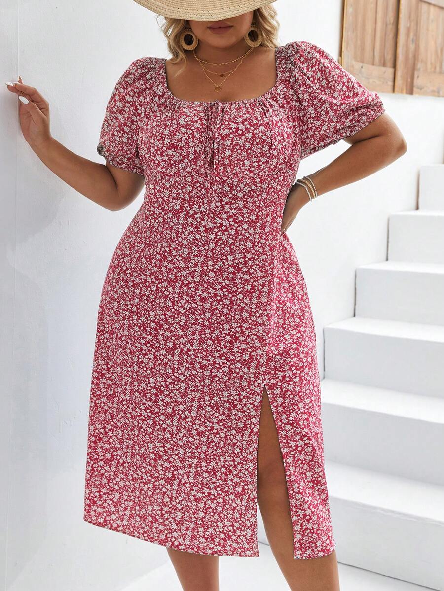 SHEIN Frenchy Plus Ditsy Floral Print Knot Front Split Thigh Dress - Red - View 1