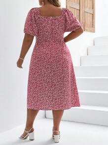 SHEIN Frenchy Plus Ditsy Floral Print Knot Front Split Thigh Dress - Red - View 2