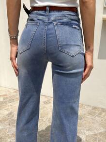 High Waist Straight Leg Jeans Without Belt - Medium Wash - View 3