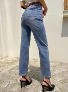 High Waist Straight Leg Jeans Without Belt - Medium Wash - View 5