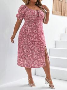 SHEIN Frenchy Plus Ditsy Floral Print Knot Front Split Thigh Dress - Red - View 5