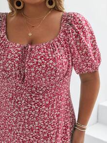 SHEIN Frenchy Plus Ditsy Floral Print Knot Front Split Thigh Dress - Red - View 6