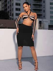 SHEIN SXY Striped Print Halter Neck Top & Bodycon Skirt